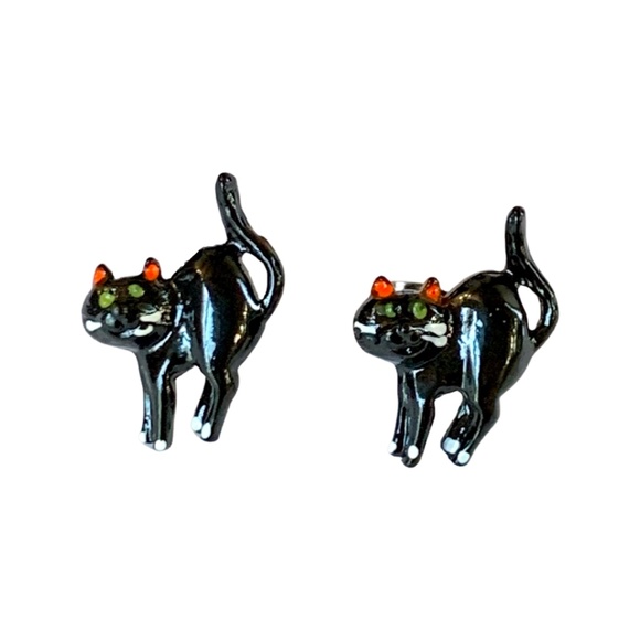 Black Cat Miniature Stud Earrings, Vintage - (1980's) - Picture 3 of 8